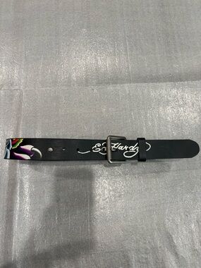 Ed Hardy Black Belt with White Script and Colorful Tattoo Rose